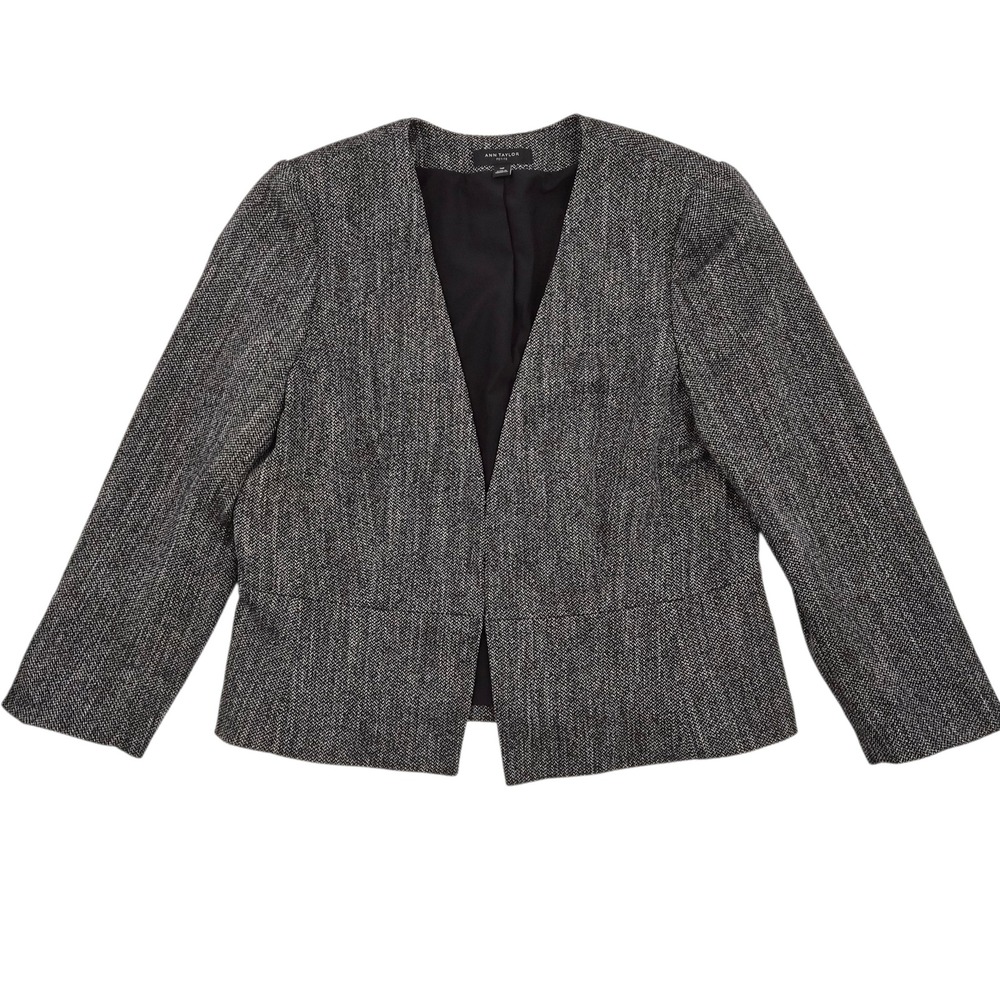 Ann Taylor Petite Herringbone Blazer Black White Hook Eye Closure Size‎ 14P
